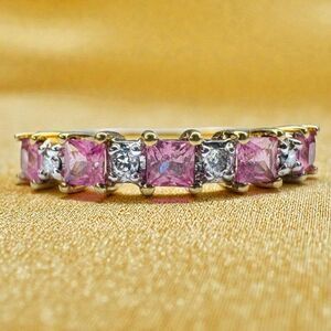 10K Gold- Natural Pink Sapphire & Diamond Ring -Five Stone Stacking Band- Size 7